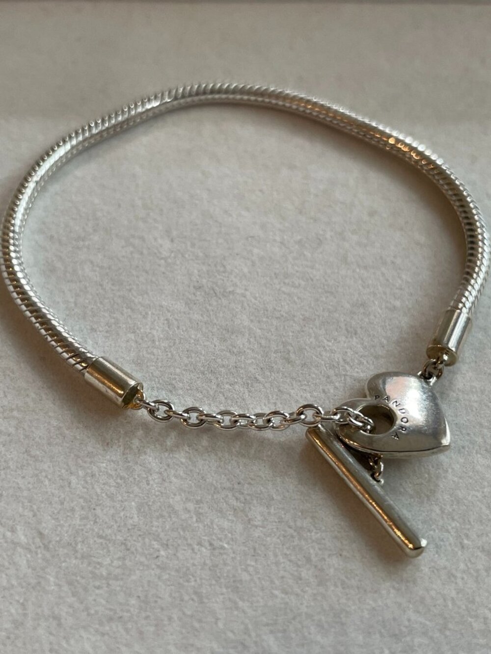 Pandora Moments Heart T-Bar Snake Chain Bracelet Sterling silver SZ 7.5